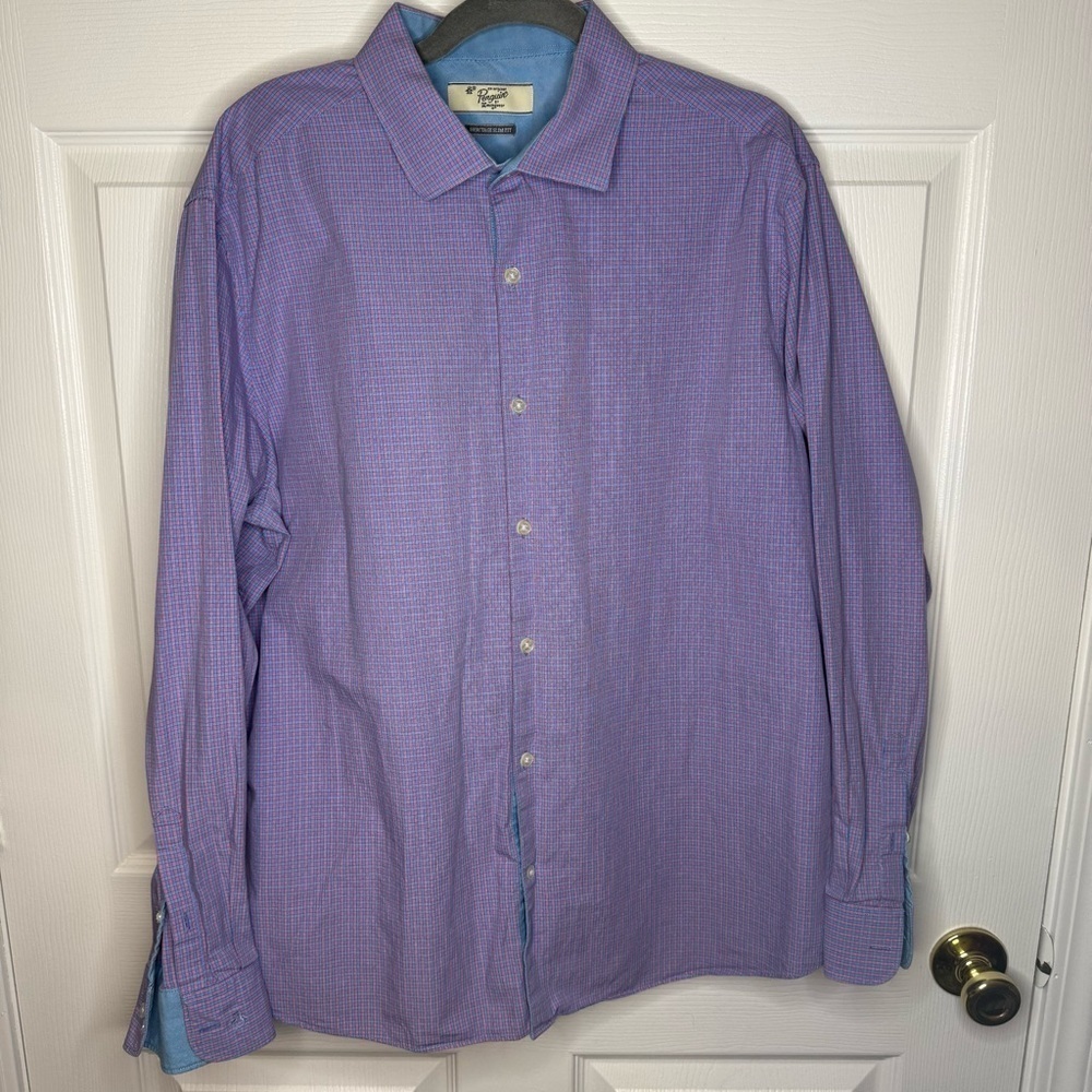 Original Penguin Men's Blue Red Plaid Button Down Shirt Size 17.5 34/35 GUC
